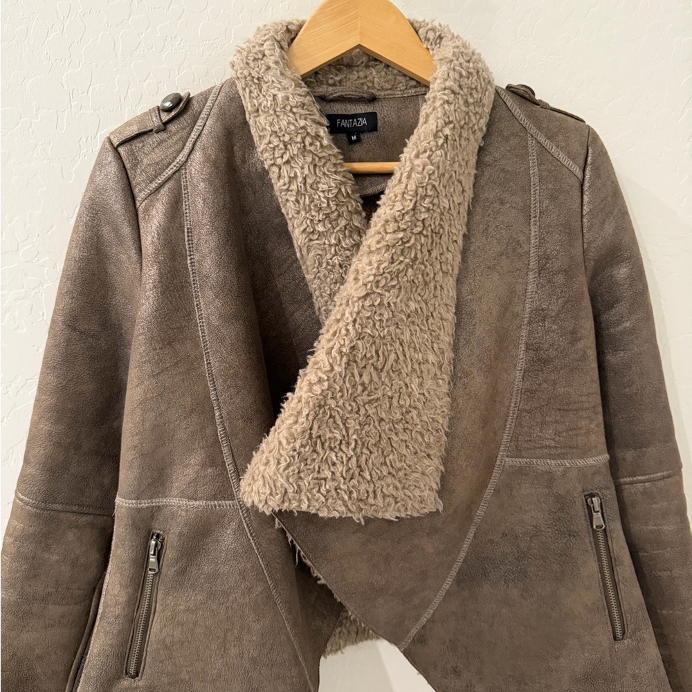 NWOT Zara Women's Tan Faux Leather & Shearling Teddy Crop Jacket | Size Medium